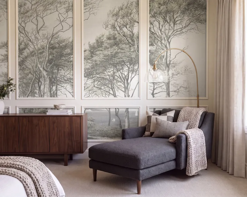 Coastal woodland wallpaper mural with grey trees, sandy path, sea horizon and small white sailboats