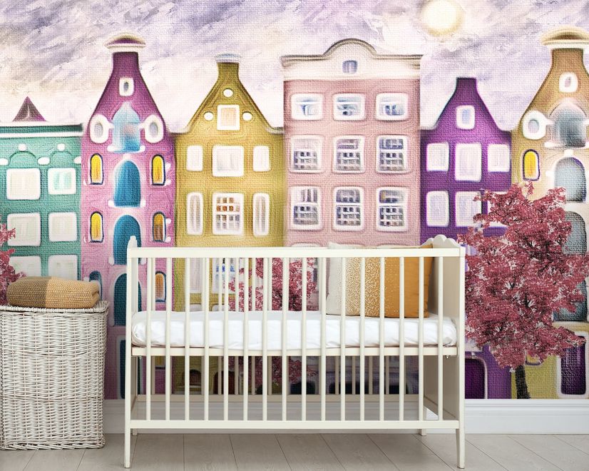 Fototapete mit bunten holländischen Häusern und roten Bäumen für Kinder