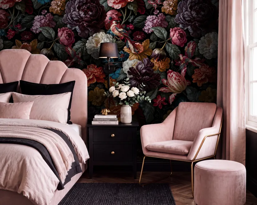 Vintage peony wallpaper mural with plum, blush and ivory flowers, dark foliage and small hummingbirds