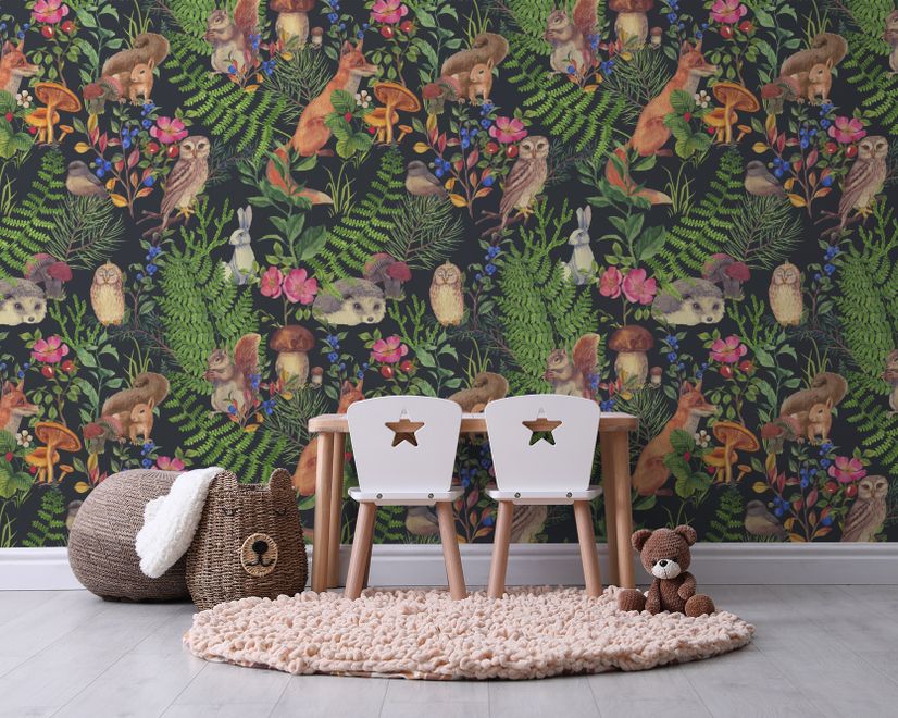 Watercolor Cute Kids Forest Animals in Forest Wallpaper Mural