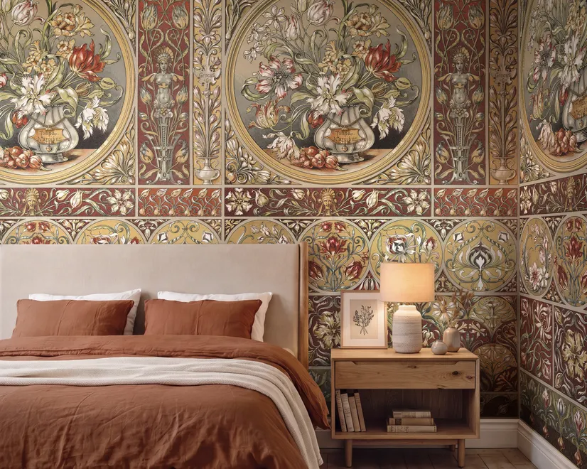 Antique style wallpaper mural with tulip vase medallion, floral tile panels and burgundy borders