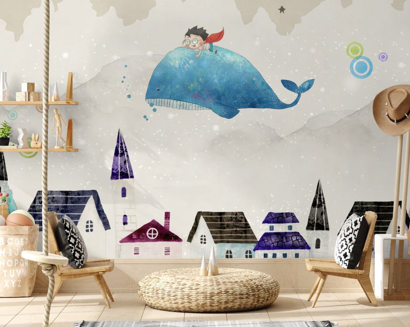 Cartoon Village and Little Child on the Flying Whale Wallpaper Mural