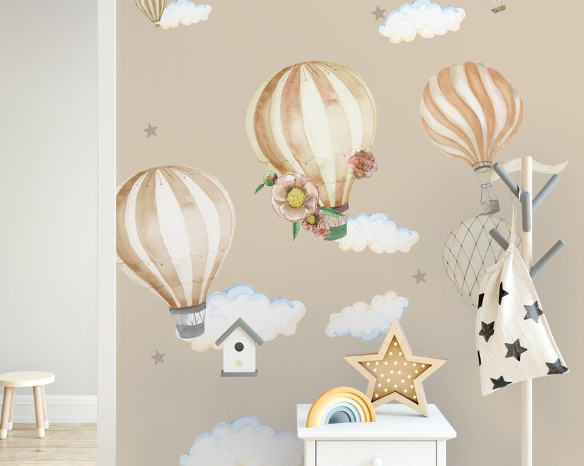 Kinder Aquarell Braun Heißluftballon Wandtattoo