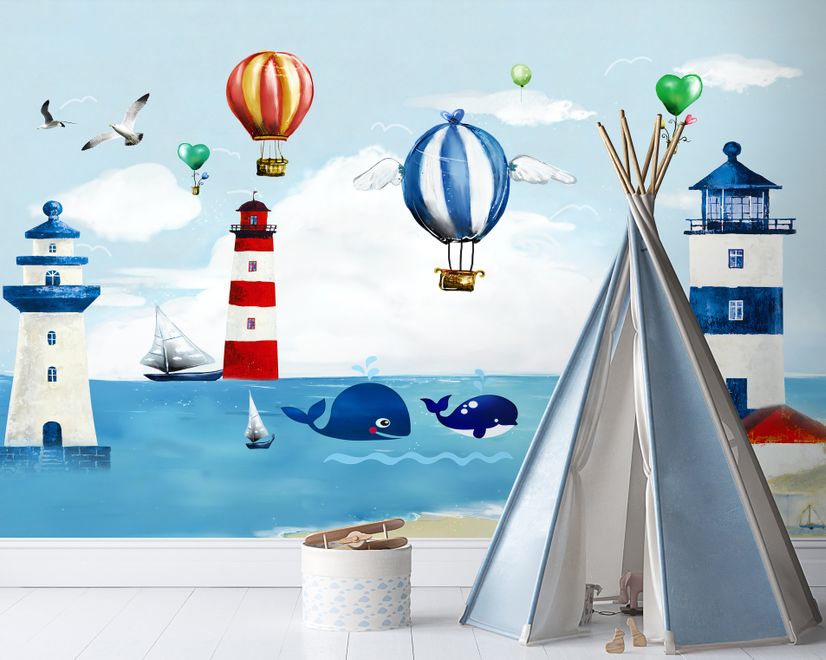 Watercolor Lighthouse with Hot Air Balloons Wallpaper Mural