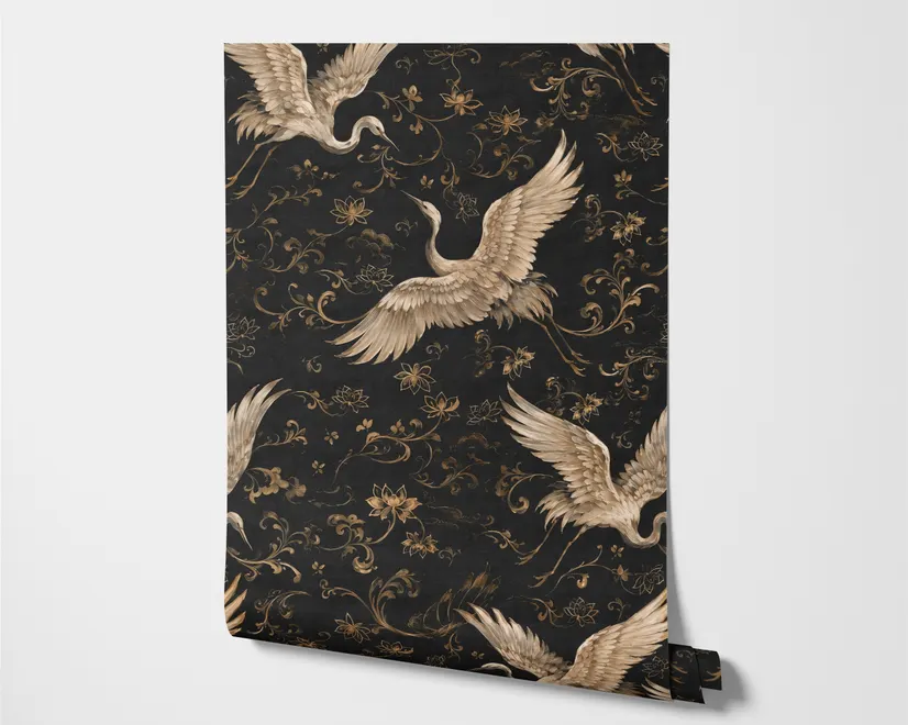 Ivory cranes and antique gold lotus flowers on charcoal-black Japanese lotus wallpaper
