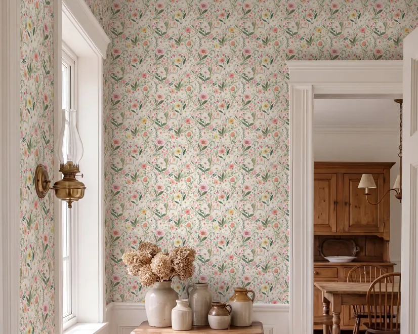 Pink wallpaper with watercolour blush, coral and yellow wildflowers, sage leaves and stems on a warm cream-white ground.
