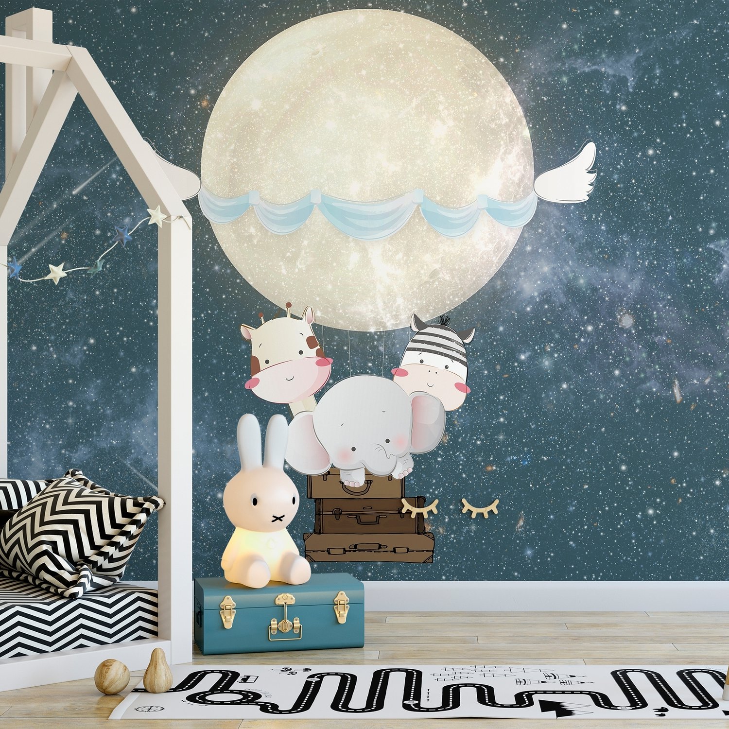 Kids Nightscape with Cow and Elephant Wallpaper Mural - Peel and Stick