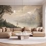 Landscape wallpaper mural with sepia coastal mountains, sailboat, beach figure and foreground tree
