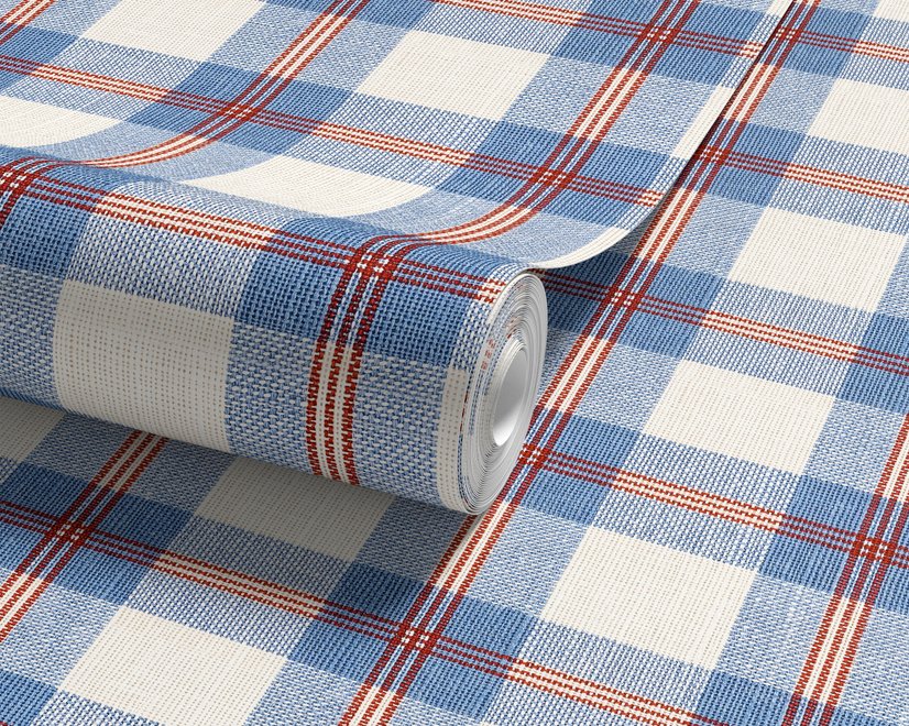 Blue and red plaid wallpaper with denim blue, cream and sky blue woven checks and fine red stripes