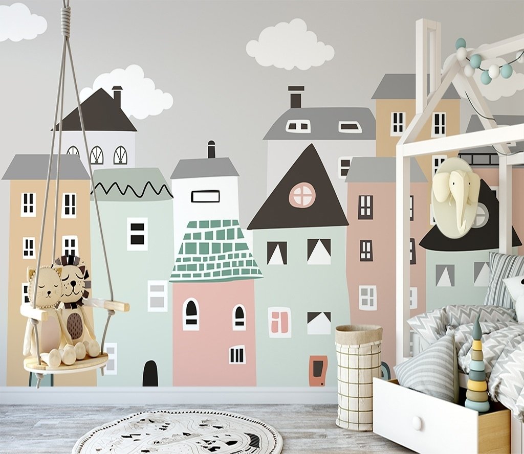 Kids Little Scandi House Wallpaper Mural - Peel and Stick