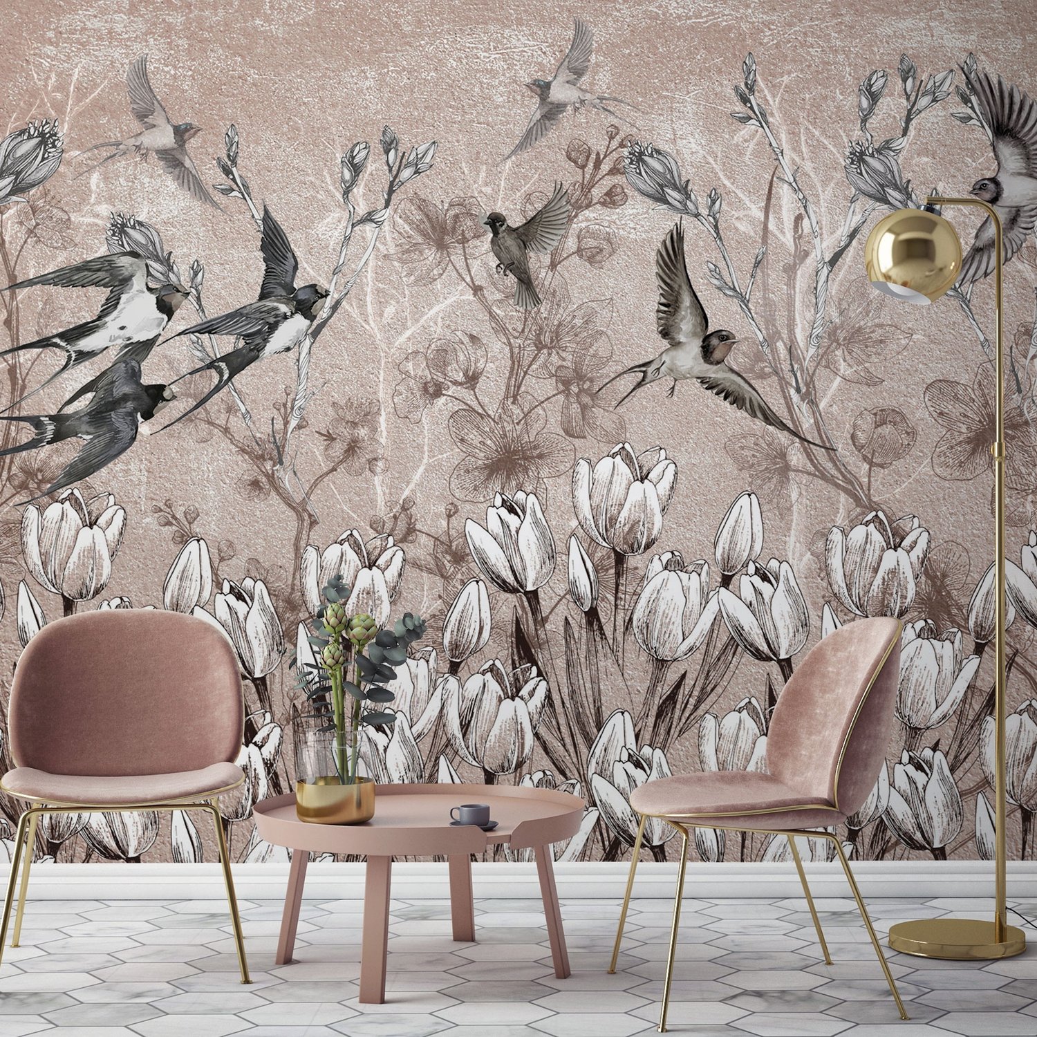 Flying Birds on Flowers Wallpaper Mural - Peel and Stick