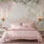 Watercolour nature wallpaper with lilac wisteria, pale trees, sage foliage and small songbirds around a misty clearing