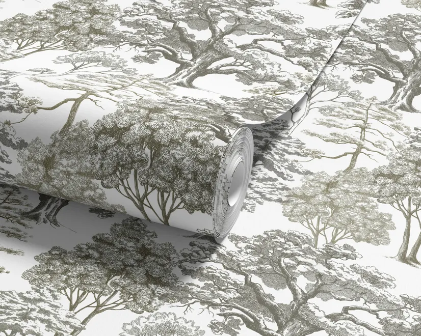 Monochrome wallpaper with grey tree toile on a clean white ground