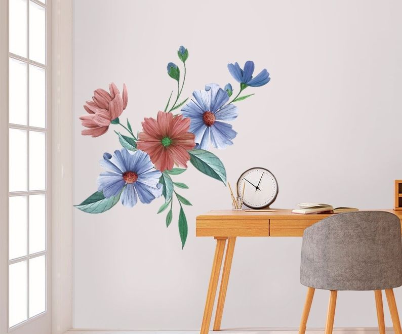 Blue Red Watercolor Daisy Floral Bouqet Wall Decal Sticker