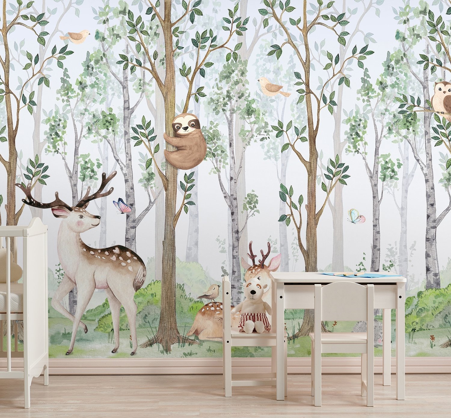 Nursery Cute Animals in the Forest Watercolor Kids Wallpaper Murals - Peel and Stick