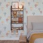 Hot air balloon wallpaper with watercolor balloons, ivory clouds and peach gold stars on pale powder blue