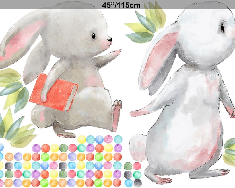 The Cute Bunny Reading Books with Colorful Polka Dots Kids Wall Decal Sticker