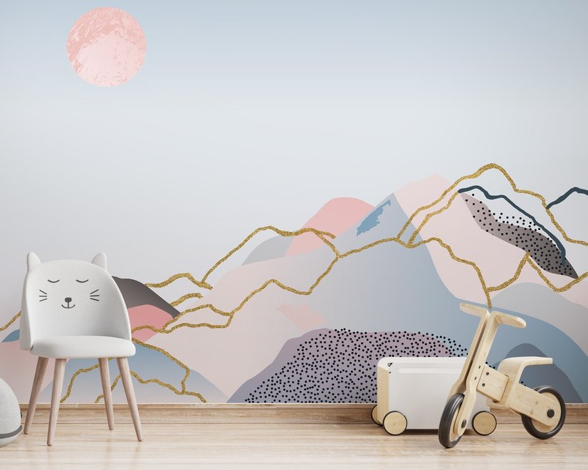 Papier Peint Panoramique Montagne Colorée avec Soleil Rose