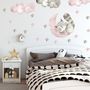 Stickers muraux raton laveur mignon et étoiles roses grises aquarelle pour enfants et bébé