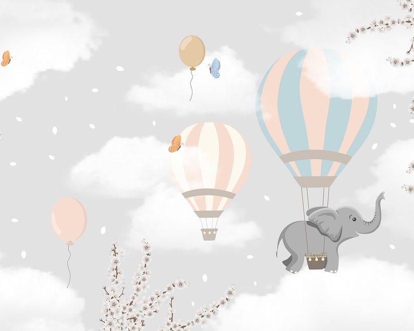 Kids Hot Air Balloons with Elephant Wallpaper Mural