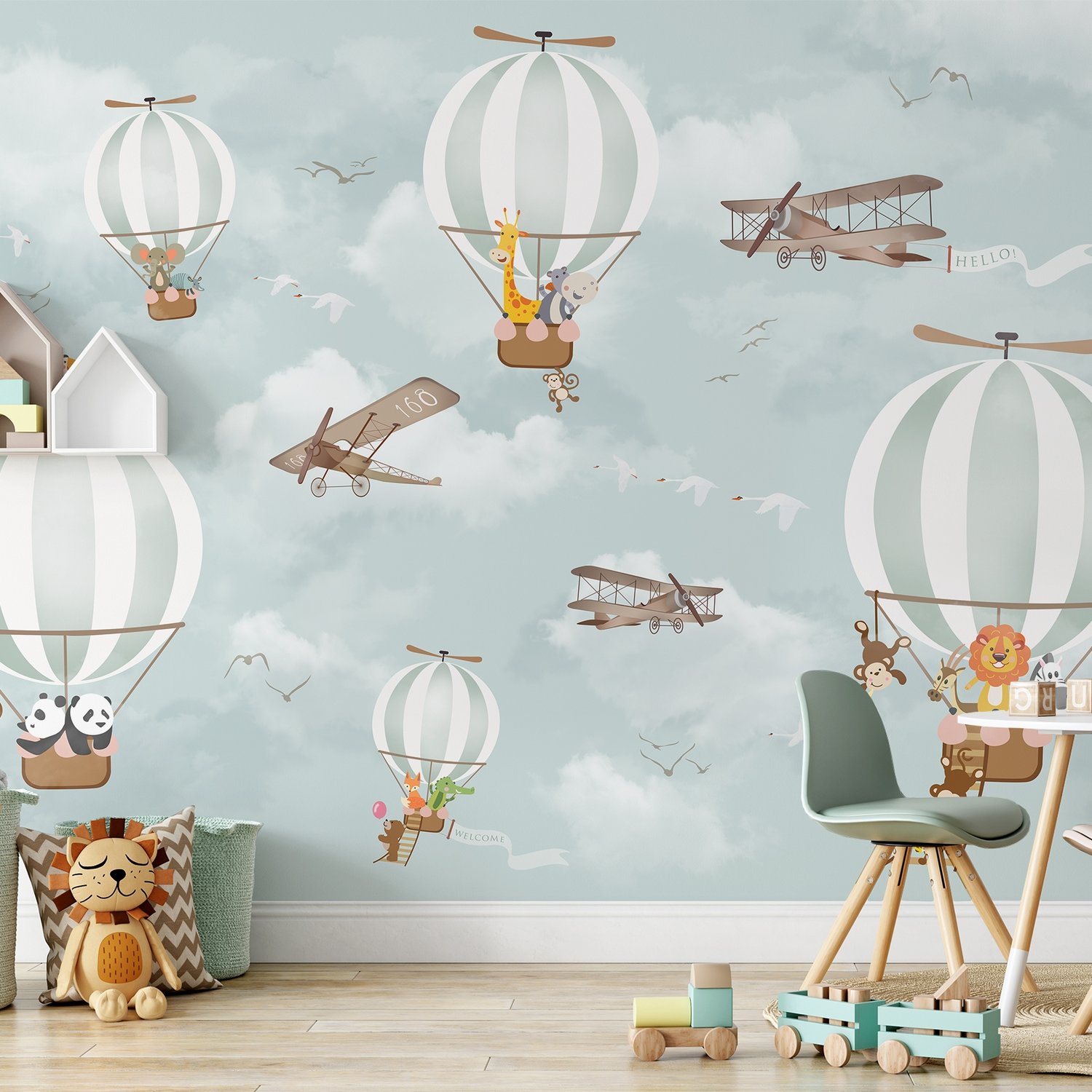 Kids Nursery Hot Air Balloon with Cartoon Animals Wallpaper Mural - Peel and Stick
