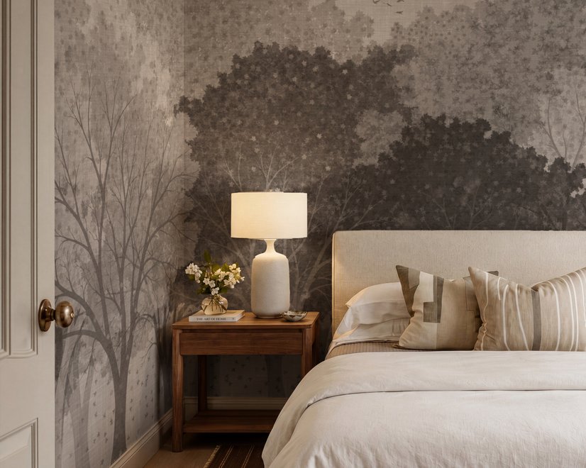 Misty forest nature wallpaper mural in greige, taupe and charcoal watercolour with birds