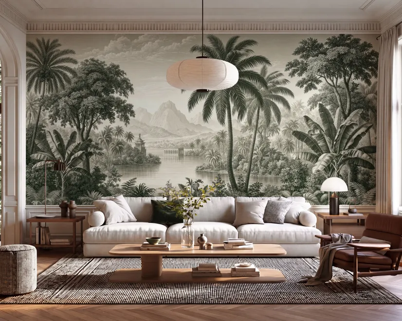 Sepia tropical landscape wallpaper with palms, banana plants, lagoon, bridge and mountains