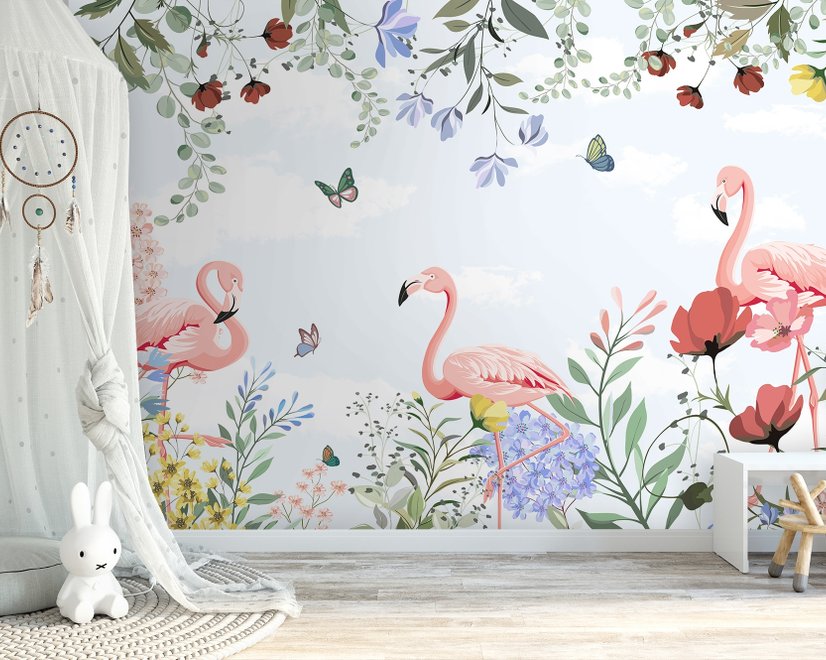 Flamingo with Colorful Floral Wallpaper Mural