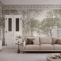 Tree wallpaper forest mural with olive coastal woodland, bare branches, shoreline path and small sailboats