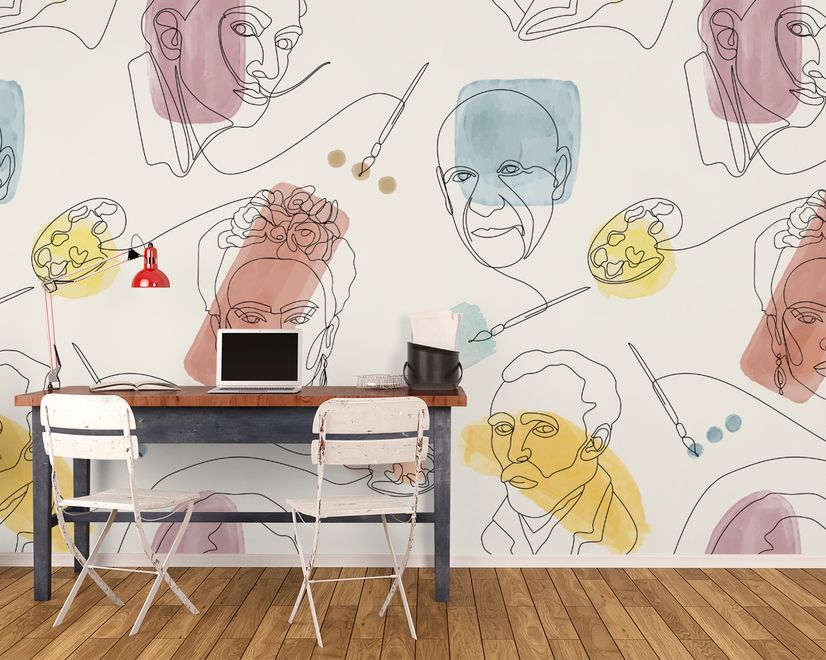Artist Face Line Art with Colorful Abstract Brush Wallpaper Mural