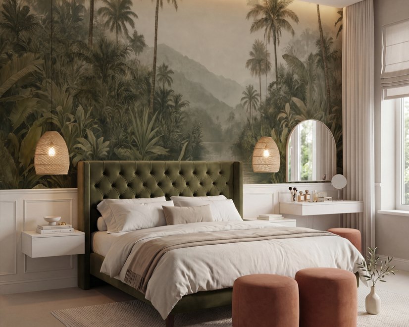 Misty tropical forest wallpaper with palms, pale river and hazy hills in muted green sepia