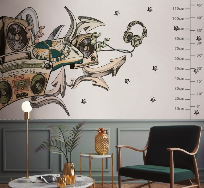 Vintage Musik Altes Radio und Kopfhörer Wandtattoo