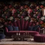 Vintage peony wallpaper mural with plum, blush and ivory flowers, dark foliage and small hummingbirds