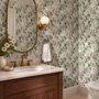 Vintage nature wallpaper with pale monkeys, sage grape leaves, white grape clusters and taupe vines on ivory.