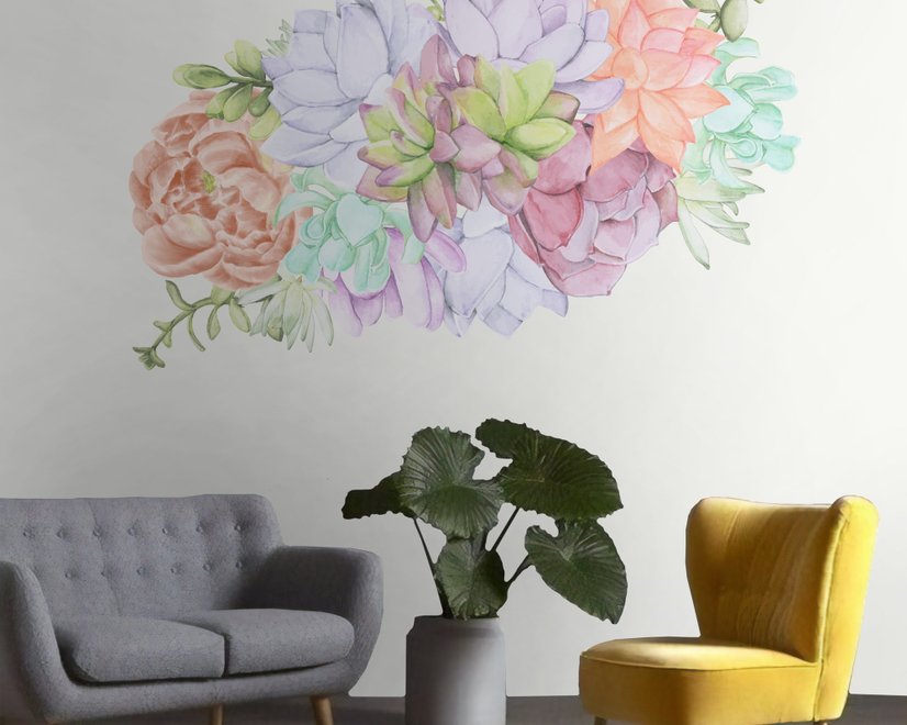 Watercolor Soft Echeveria Cactus Florals Wall Decal Sticker