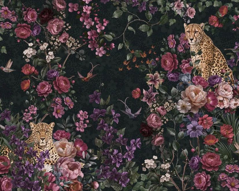 Dark Leopard Floral Garden Botanical Wallpaper Mural