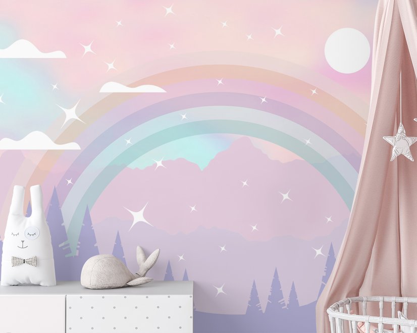 Papier peint panoramique de la chambre d'enfant avec des montagnes colorées et des étoiles brillantes