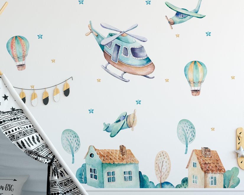 Kids Cartoon Village for Boys Watercolor Aircraft and Hot Air Balloon Wall Decal Sticker