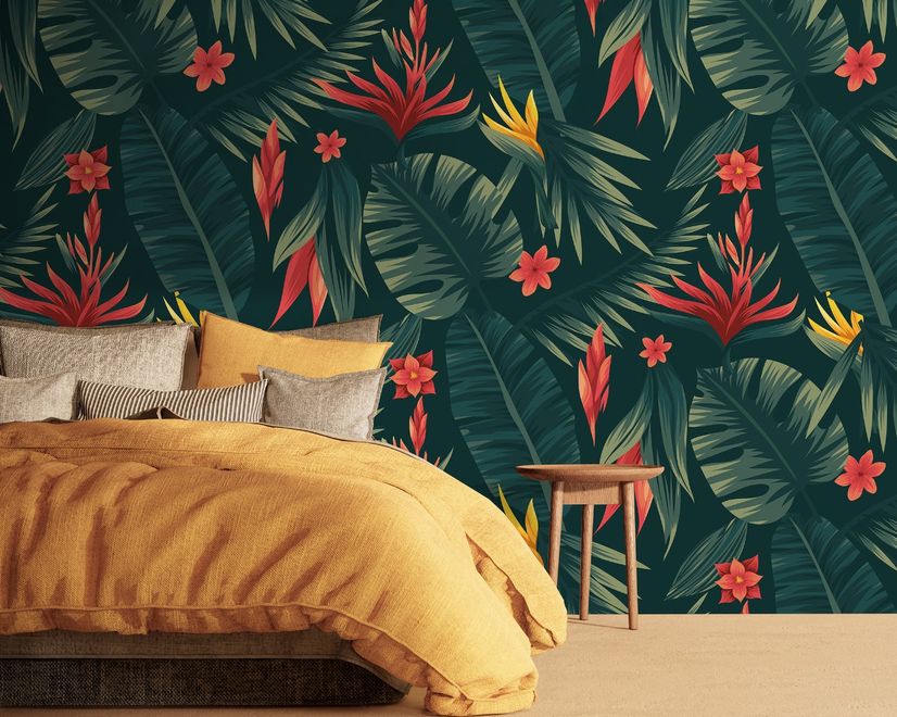 Red Floral and Palm Leaf Pattern Wallpaper Mural