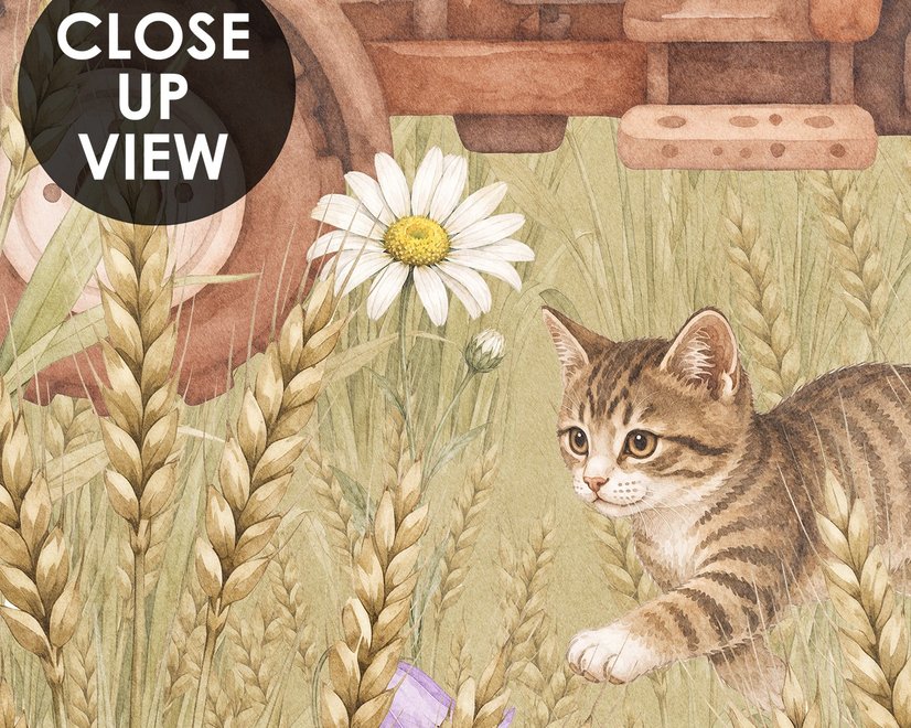 Watercolour rustic farmhouse wallpaper mural with horse, cow, llama, dog, tractor and cottage barns in a wheat meadow