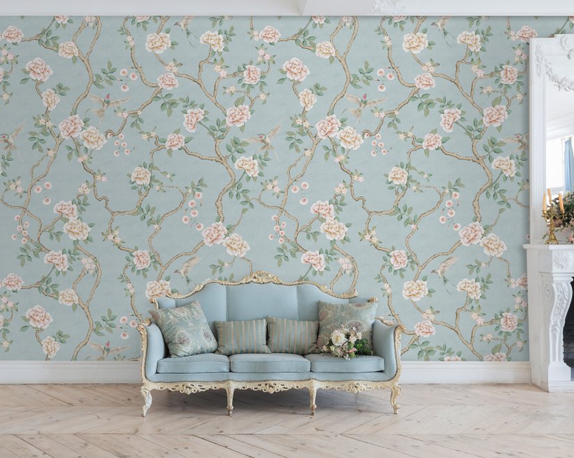 Papier peint art chinois doux avec pivoine et fleur d'arbre