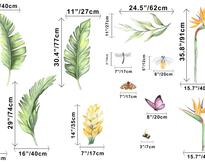 Cute Tropical Leaves and Flowers Wall Decal Sticker