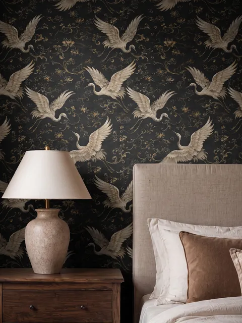 Ivory cranes and antique gold lotus flowers on charcoal-black Japanese lotus wallpaper
