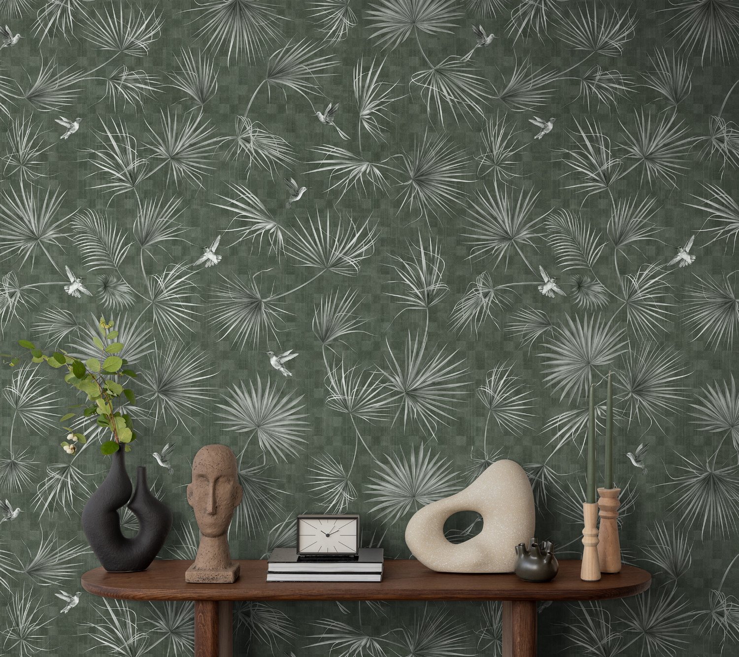 Tropical Palm Leaf and Birds Wallpaper Mural - Peel and Stick