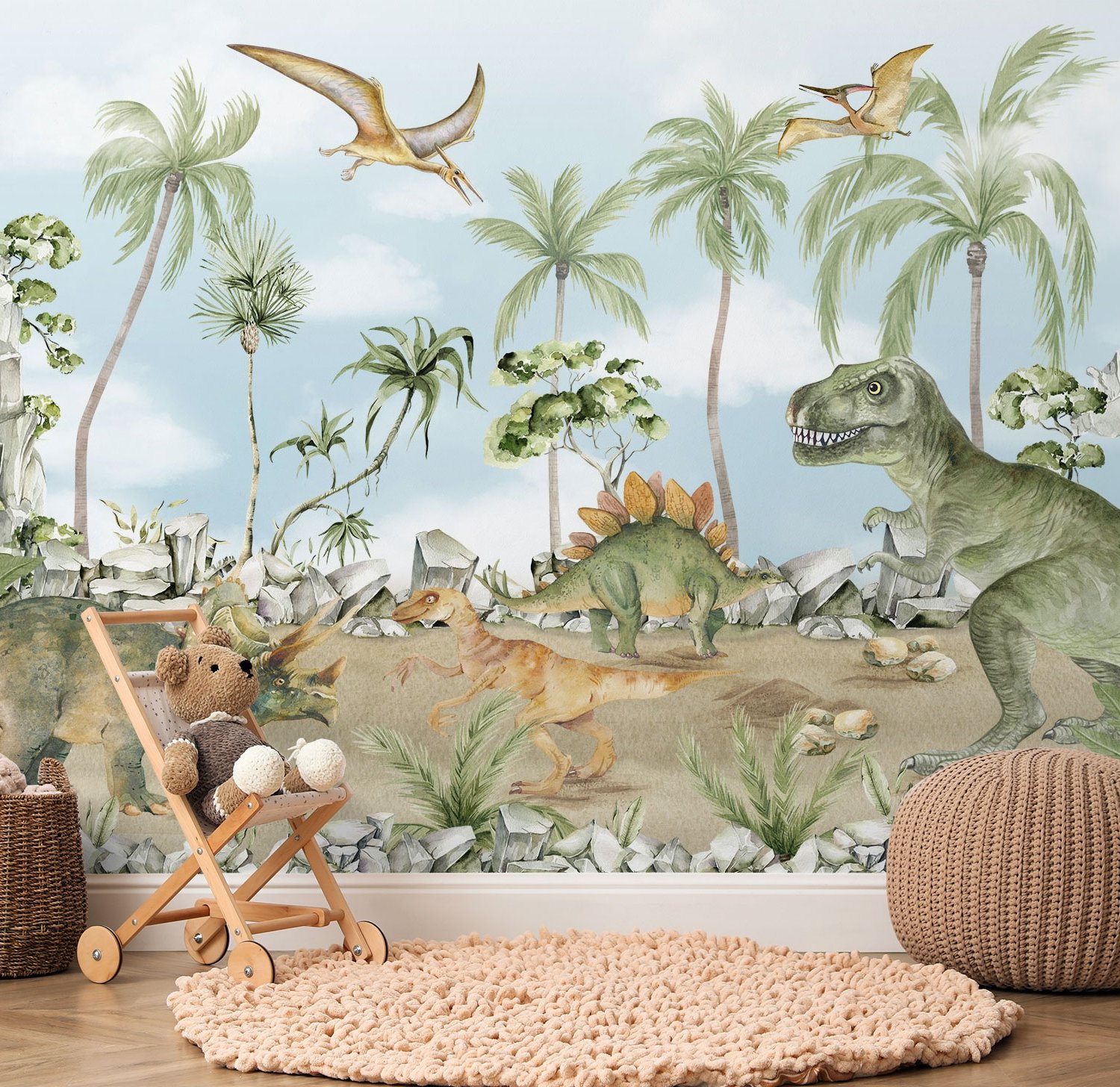 Jurassic World Watercolor Dinosaur for Kids Prehistoric Animals Wallpaper Mural - Peel and Stick