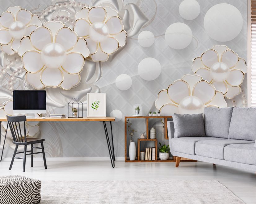 3D Look White Pearl Flower Wallpaper Mural
