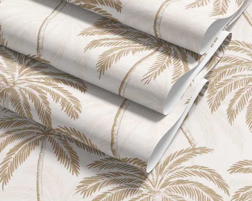 Muted sandy taupe palm trees and pale foliage on a creamy ivory ground tropical wallpaper