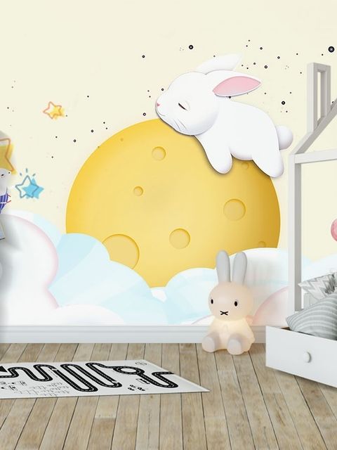 Baby Cartoon Hase und Gelber Mond Fototapete