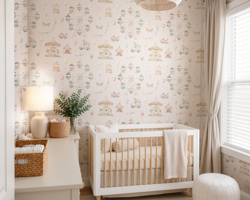 Children's playroom wallpaper with pastel Ferris wheel, carousel horses, tents and balloons on blush pink