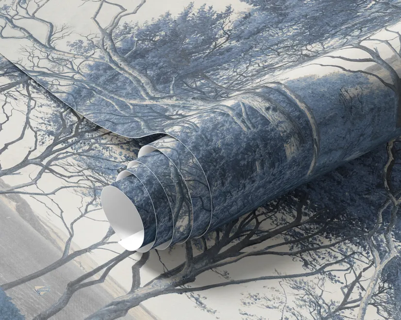Blue forest background wallpaper mural with coastal trees, sea water and small white sailboats